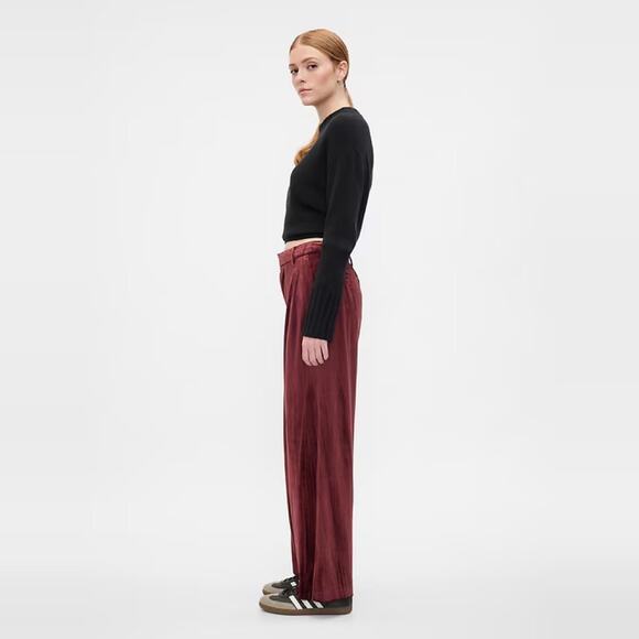 GAP Recycled Easy Crinkle Velvet Trousers Womens 8 Tall Noir Red Stretch - Picture 3 of 14